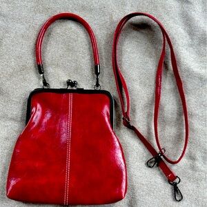 (NEW)Classic Red Leather Kiss-Lock Crossbody Bag